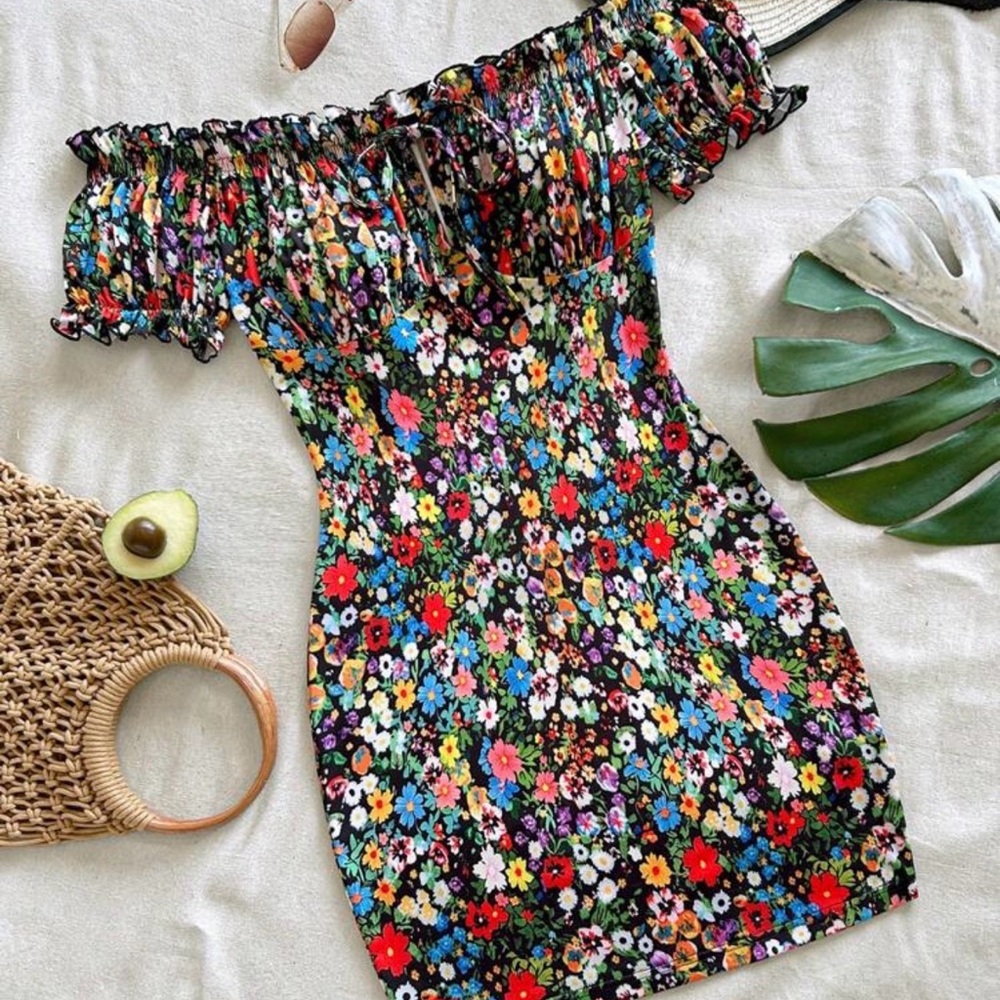 SHEIN Multicolor Floral Off-Shoulder Mini Dress